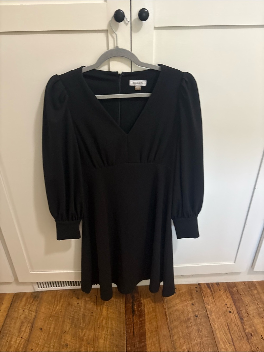 Calvin Klein Black V-Neck Puff Sleeve MIDI Dress